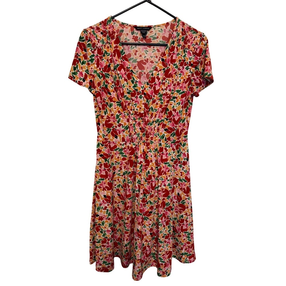 Maggy London Womens Red Floral Smocked Waist V-Neck‎ Fit & Flare Dress Size 6